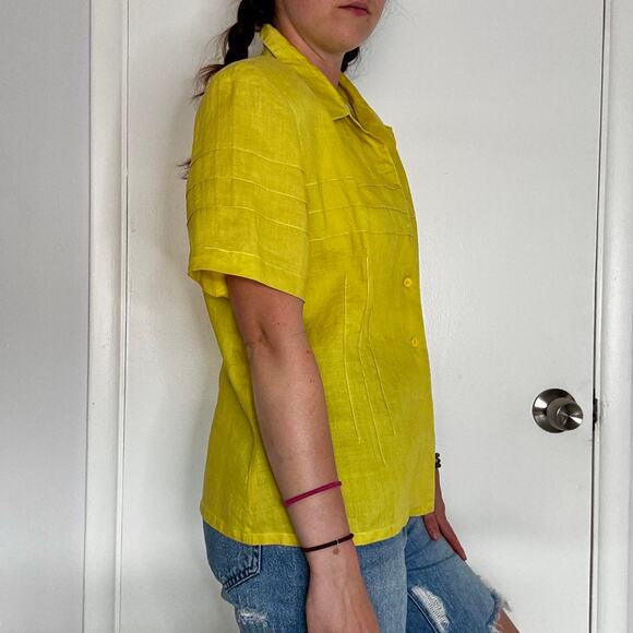 Ann Gerlin 1990s Button Up Linen Blouse Chartreuse Green Short Sleeve Tailored - Picture 7 of 10